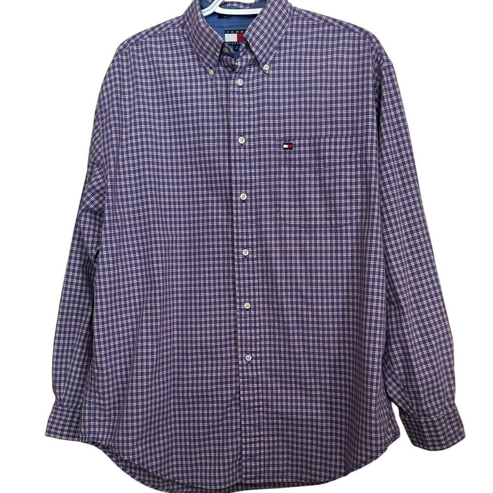 Tommy Hilfiger Men's Blue Red Plaid Long Sleeve‎ Button Down Shirt Size M